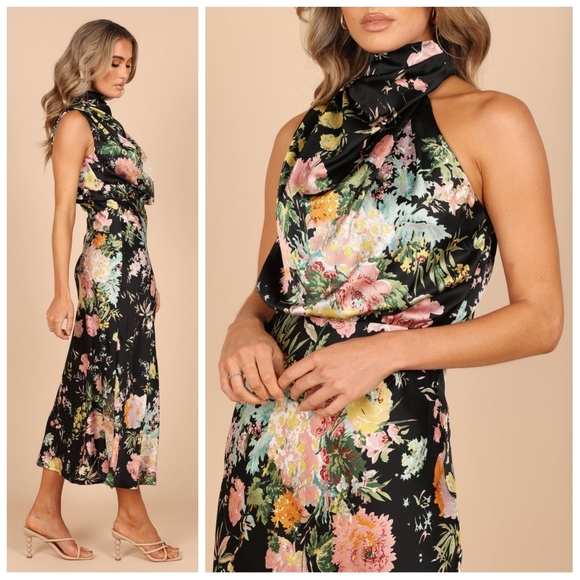 NWT Petal & Pup Anabelle Halter Neck Midi Sun Dress in Black Floral XS Sundress - Picture 3 of 12